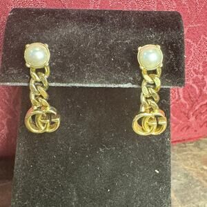 Gucci Marmont Metal and Pearl Dangle Pierced Earrings CGHW Authentic CoA